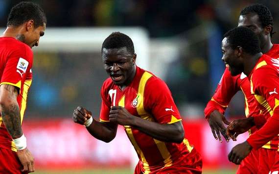 Sulley Muntari leads Ghana in a merry dance after he opens the scoring against Uruguay (Getty Images)