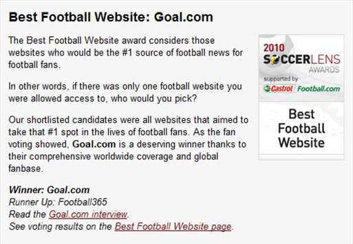 Goal.com, Best Football Website in 2010 Soccerlens Awards
