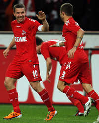 Lukas Podolski Celebrating Goal For 1. FC Köln With Youssef Mohamad