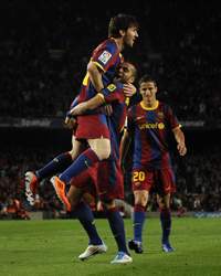 La Liga, Barcelona v CA Osasuna, Lionel Messi, Dani Alves and Ibrahim Afellay