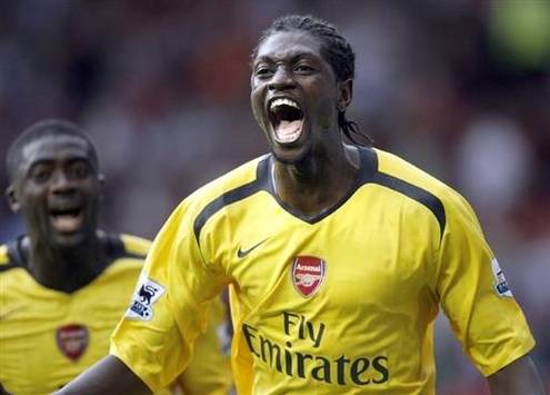 Premier: Adebayor celebrates for Arsenal (AFP)