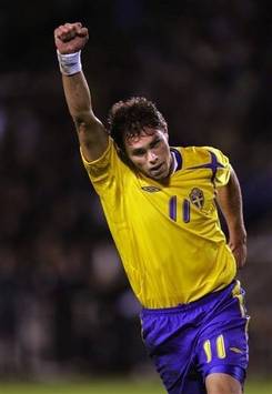 Johan Elmander (Svezia) esulta contro la Spagna (Afp)