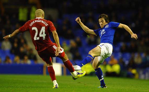 Carling Cup - Everton v West Bromwich Albion, Leighton Baines and Peter Odemwingie 