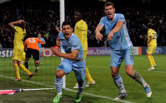 UEFA Champions League - Manchester City FC v Villarreal CF, Sergio Aguero and Edin Dzeko