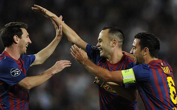 UEFA Champions League: FC Barcelona v FC Viktoria Plzen: Andres Iniesta; Xavi Hernandez, Lionel Messi