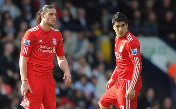 Andy Carroll and Luis Suarez of Liverpool
