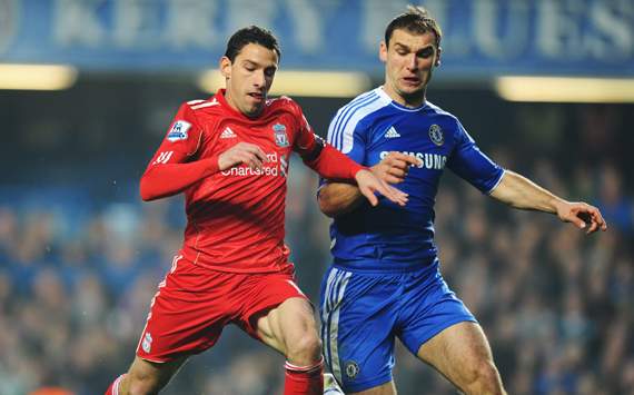 EPL - Chelsea v Liverpool, Maxi Rodriguez and Branislav Ivanovic