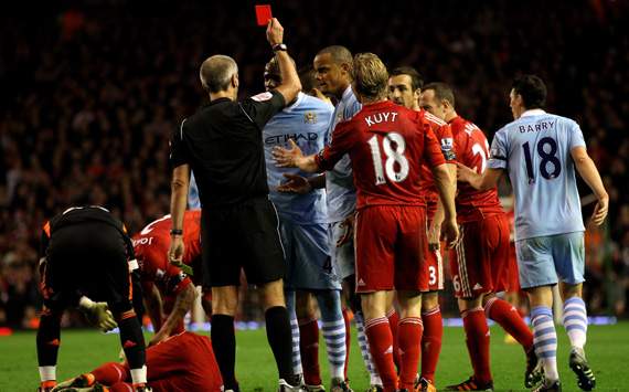 EPL - Liverpool v Manchester City, Mario Balotelli  and Referee Martin Atkinson