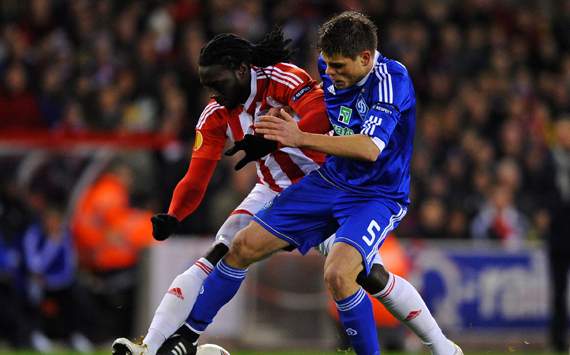 Europa League - Stoke City FC v FC Dynamo Kyiv, Kenwyne Jones and Ognjen Vukojevic
