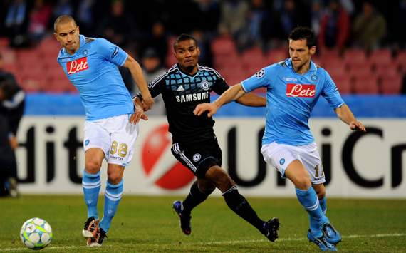 CL - SSC Napoli v Chelsea FC, Florent Malouda, Gokhan Inler and Christian Maggio
