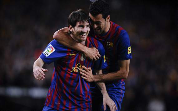 Lionel Messi, Sergi Busquets celebrating goal Barcelona-Espanyol