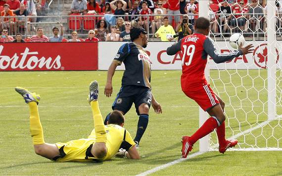 Toronto FC's Reggie Lambe justs misses the net vs. Philadelphia Union