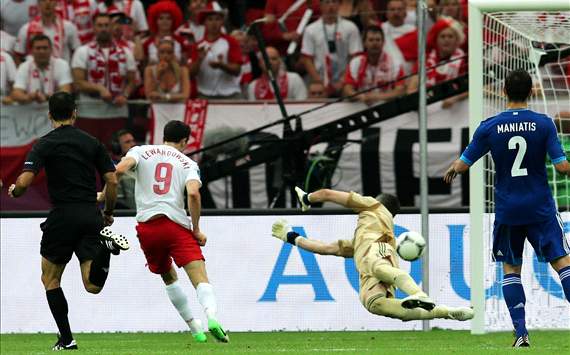 Poland's Lewandowski scores v Greece Euro 2012