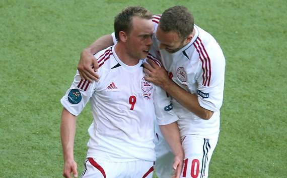 Michael Krohn Deli and Dennis 
Rommedahl celebrating the goal of Denmark against Netherlands, Euro 
2012