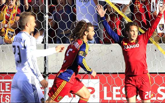 Kyle Beckerman celebrates RSL goal in front of Beckham