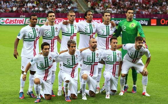 The Portugal team line up ahead of the UEFA EURO 2012 quarter final match between Czech Republic and Portugal