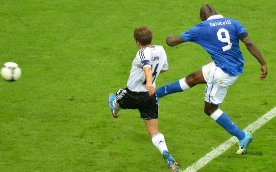 Mario Balotelli scores his second goal against Germany