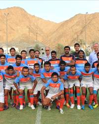 Indian national team coach Wim Koevermans and technical director Rob Baan with India U-22 squad and coach Arthur Papas in Muscat