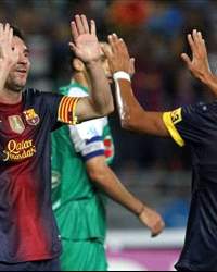 Lionel Messi and Alexis Sanchez celebrates during Barcelona's 0-8 victory against Raja Casablanca