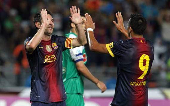 Lionel Messi and Alexis Sanchez celebrates during Barcelona's 0-8 victory against Raja Casablanca