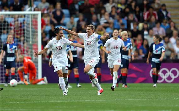 Christine Sinclair and the Canada women's team celebrate second goal vs. Team GB