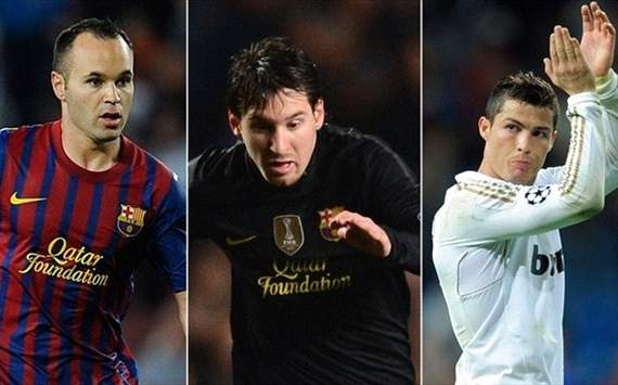 Andres Iniesta, Lionel Messi y Cristiano Ronaldo