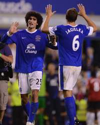 EPL -  Everton v Manchester United, Marouane Fellaini and Phil Jagielka 
