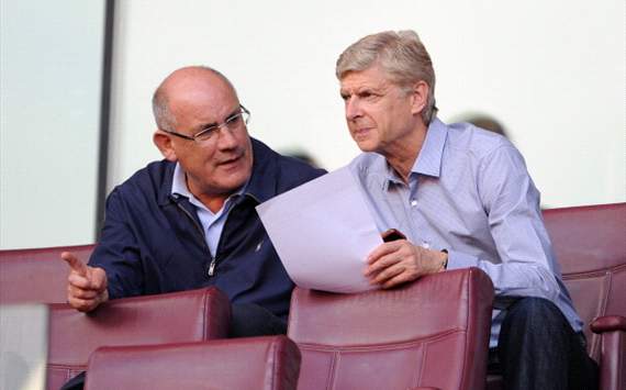 Wenger and Boro Primorac the Arsenal 1st Team Coach watch the match between Arsenal U21 and Bolton Wanderers U21 at Emirates Stadium on Aug 20, 2012 in London