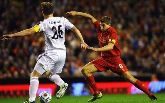 UEFA Europa League Play-off Round, Liverpool v Hearts, Steven Gerrard, Marius Zaliukas