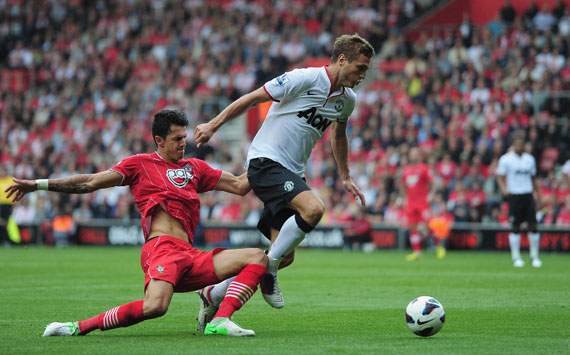 EPL - Southampton v Manchester United, Jose Fonte and Nemanja Vidic