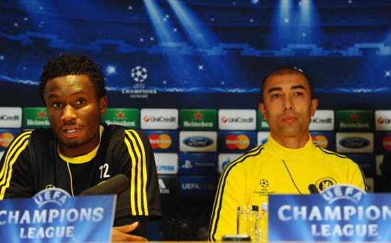  John Obi Mikel of Chelsea and coach Roberto Di Matteo