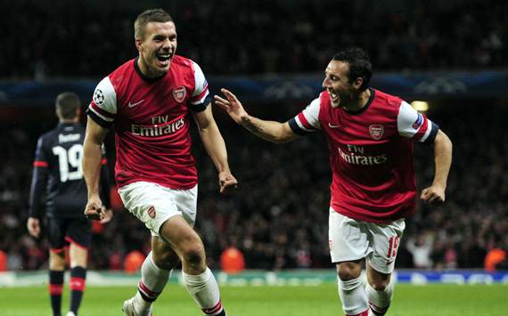 UEFA Champions League, Arsenal v Olympiakos FC,  Santi Cazorla, Lukas Podolski