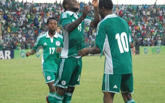 Victor Moses celebrates goal with Mikel Obi, Nigeria - Liberia