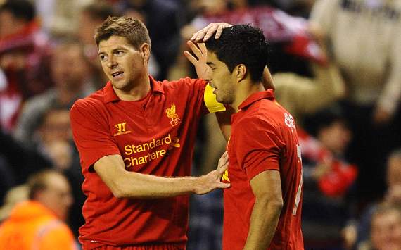  Steven Gerrard and Luis Suarez of Liverpool