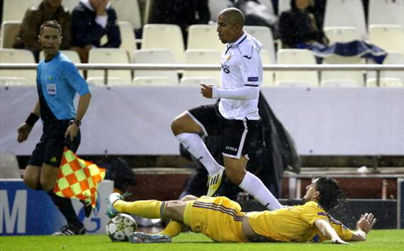 Bate Borisov's defender Yegor Filipenko tackles Valencia's Sofiane Feghouli 