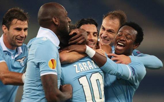 Lazio players celebrate a goal against Panathinaikos