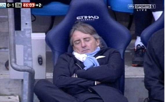 Roberto Mancini taking a nap during Manchester city- Tottenham game 