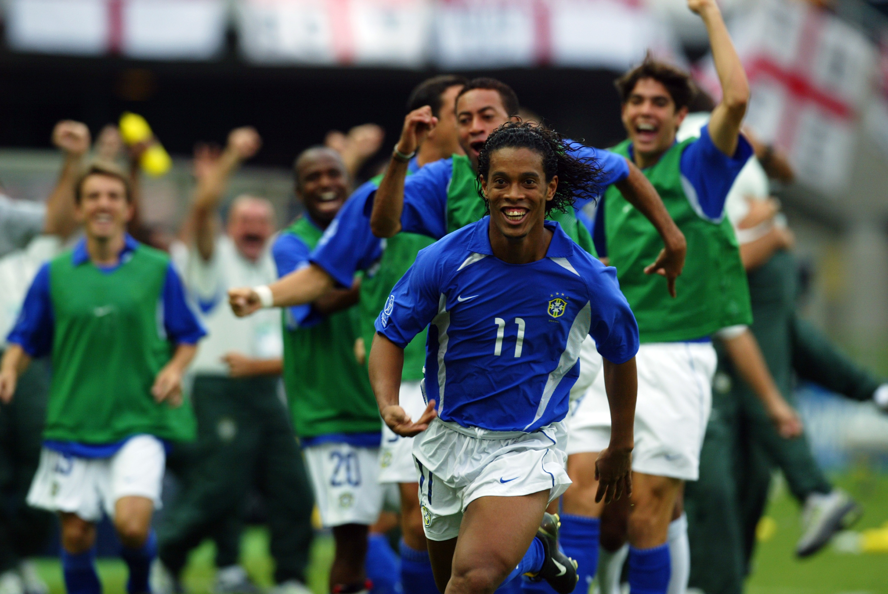 Brazilian Ronaldinho Gaucho celebrates after scoring a second