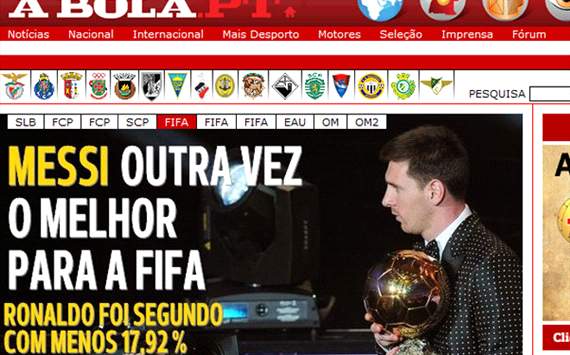 A Bola home page after messi wins balon d'oro
