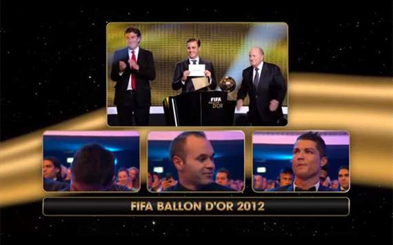 Ronaldo and Iniesta face when informing Messi name as the golden ball 2012 winner