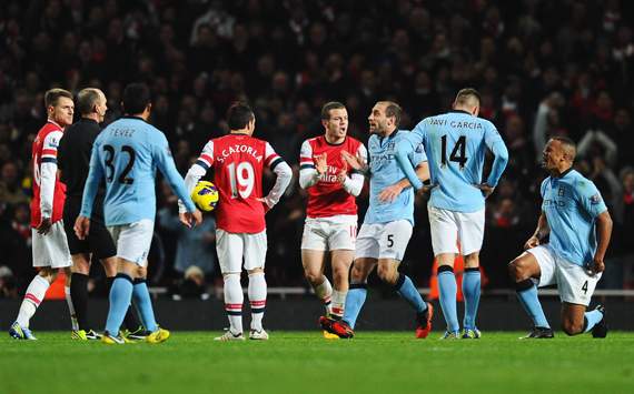 EPL - Arsenal v Manchester City, Vincent Kompany and referee Mike Dean