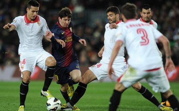 Lionel Messi, Manu del Moral, Fernando Navarro - FC Barcelona v Sevilla