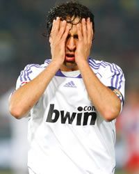 Real Madrid skipper Raul despairs after Alvaro Negredo scores Almeria's second goal.