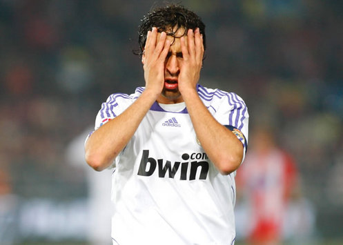 Real Madrid skipper Raul despairs after Alvaro Negredo scores Almeria's second goal.