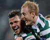 Shamrock Rovers' James Chambers, left, celebrates after scoring his side's fifth goal with team-mate Derek Foran