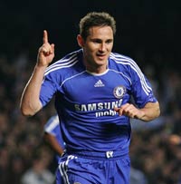 Chelsea midfielder Frank Lampard celebrates his goal against Olympiakos. The Blues won 3-0 to progress to the quarter-finals.