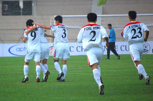 DPR Korea celebrate after scoring second goal against Sri Lanka at AFC challenge Cup at Hyderabad