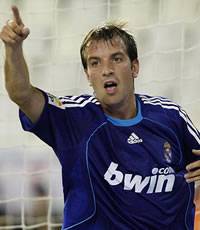 Rafael Van der Vaart celebrates his goal for Real Madrid in the Spanish Super Cup clash against Valencia at the Mestalla