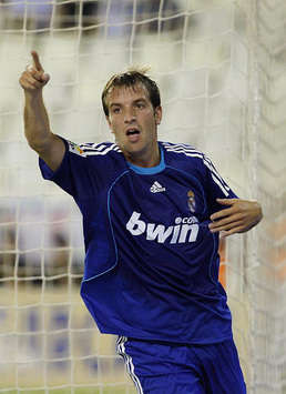 Rafael Van der Vaart celebrates his goal for Real Madrid in the Spanish Super Cup clash against Valencia at the Mestalla