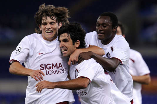 Clujed Up: Romanian Champions League minnows Cluj celebrate on their way to an historic 2-1 win in the Stadio Olimpico over Roma.